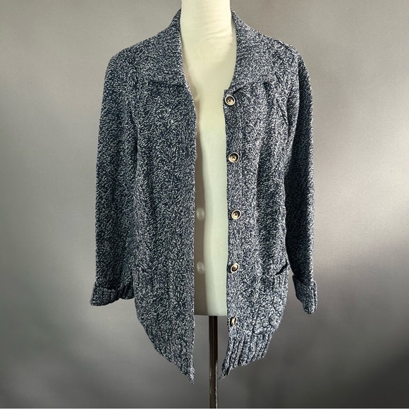 Vermont Country Store Wool Blend Cable Knit Marbled Navy Blue Cardigan Size L - Picture 9 of 12